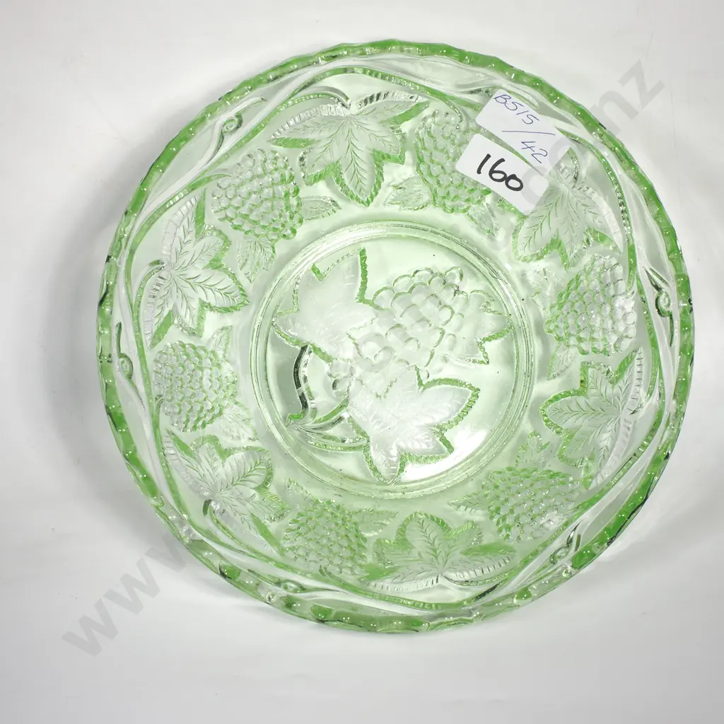 Art Deco Pressed Green Glass Bowl w Grape & Vine Pattern Image 1++