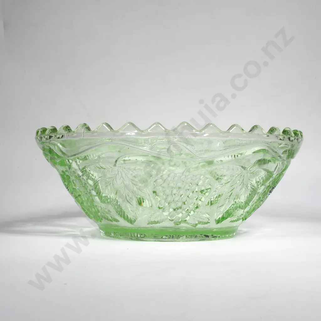 Art Deco Pressed Green Glass Bowl w Grape & Vine Pattern Image 1++