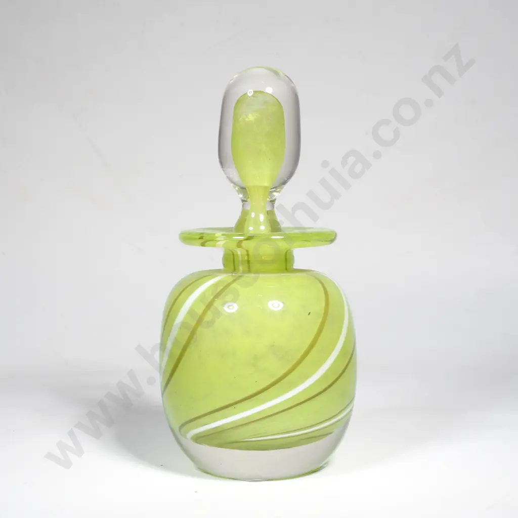 Art Glass Lime Green Perfume Bottle w White *w Brown Swirling Detail Image 1++