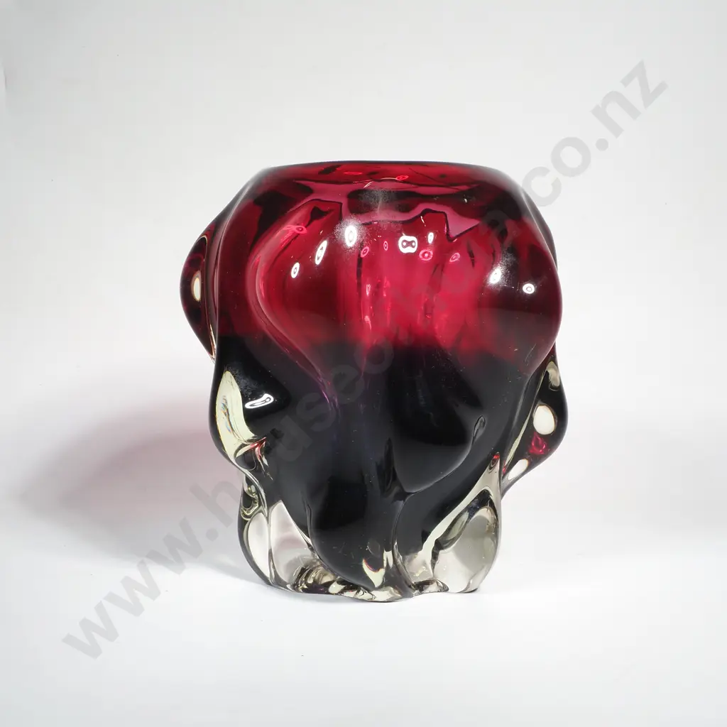 Mid Century Modern Red & Clear Art Glass Vase w  Wavy Textured Design, Possibly Sanyu Image 1++