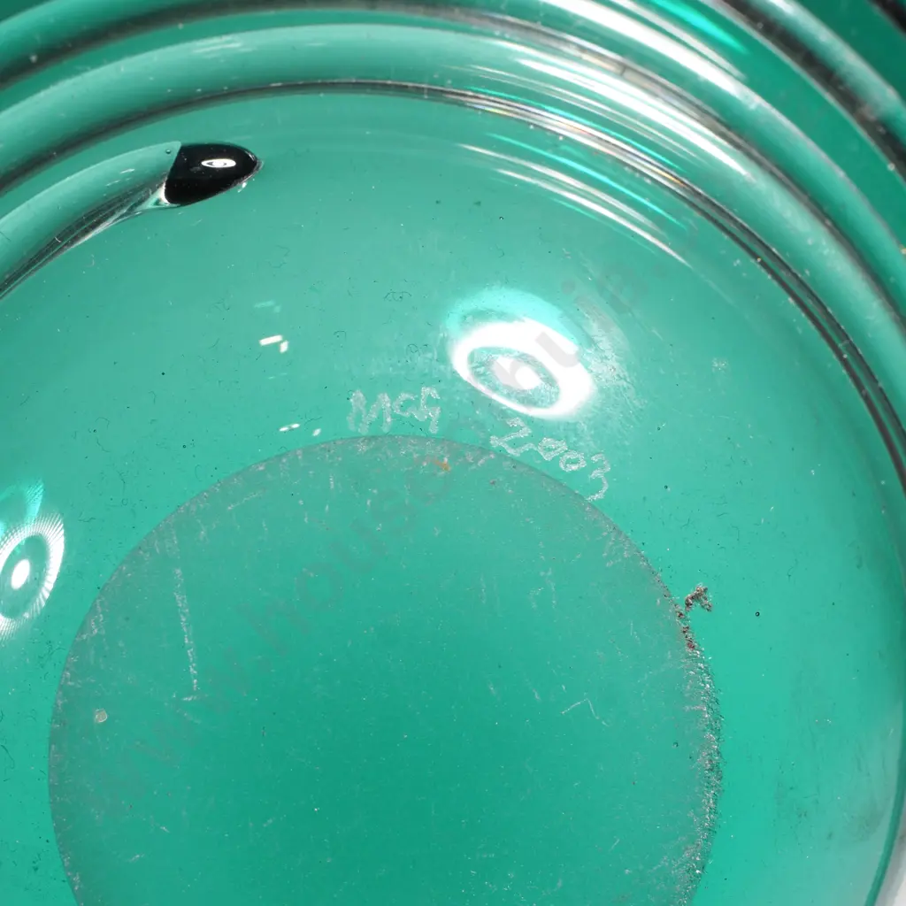 Signed & Dated Art Glass Green Bowl w Clear Glass Trailing Image 1++