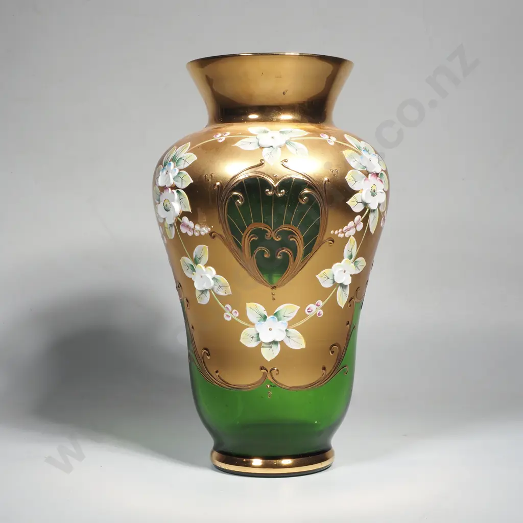 Bohemian Czech Green Glass Vase w Gold Gilding & Applied Flowers Image 1++