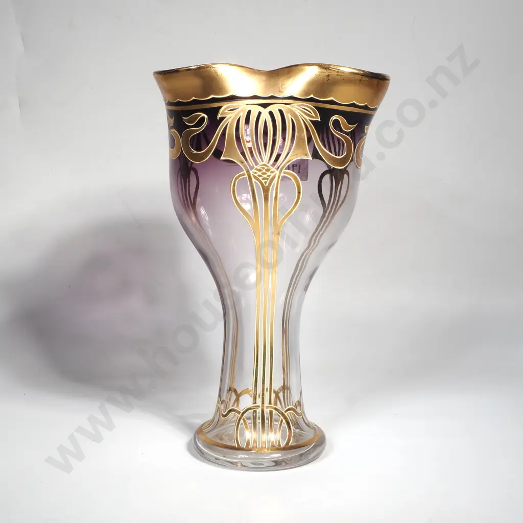 Art NouveaucClear Glass Vase w Stylised  Floral Gold Floral Design & a Purple Ring Image 1++