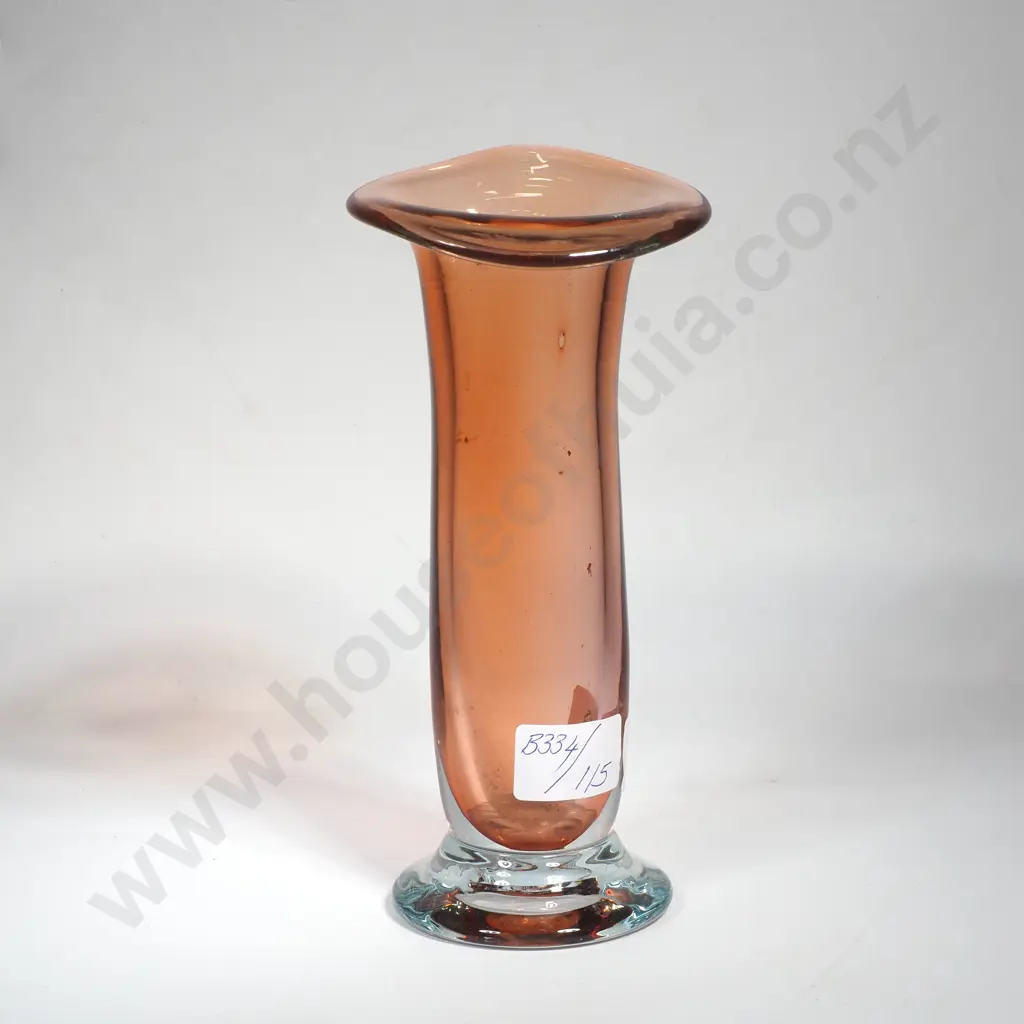 Vintage Art Glass Vase - Hand Blown Peach Coloured Glass on a Clear Foot Image 1++