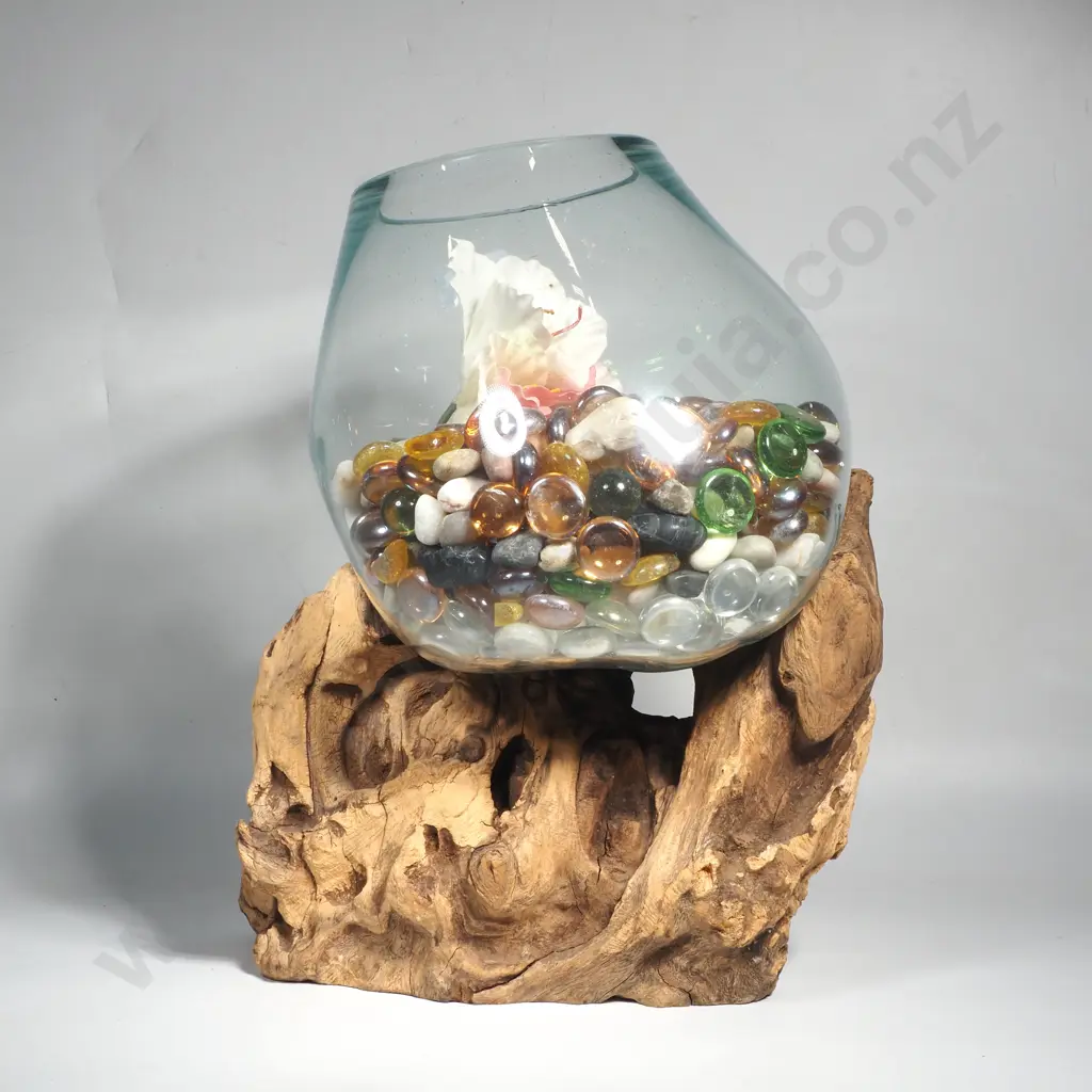Decorative Glass Bowl Hand Blown to Fit a Natural Driftwood Root,Base Filled w Glass Pebbles & Stones Image 1++