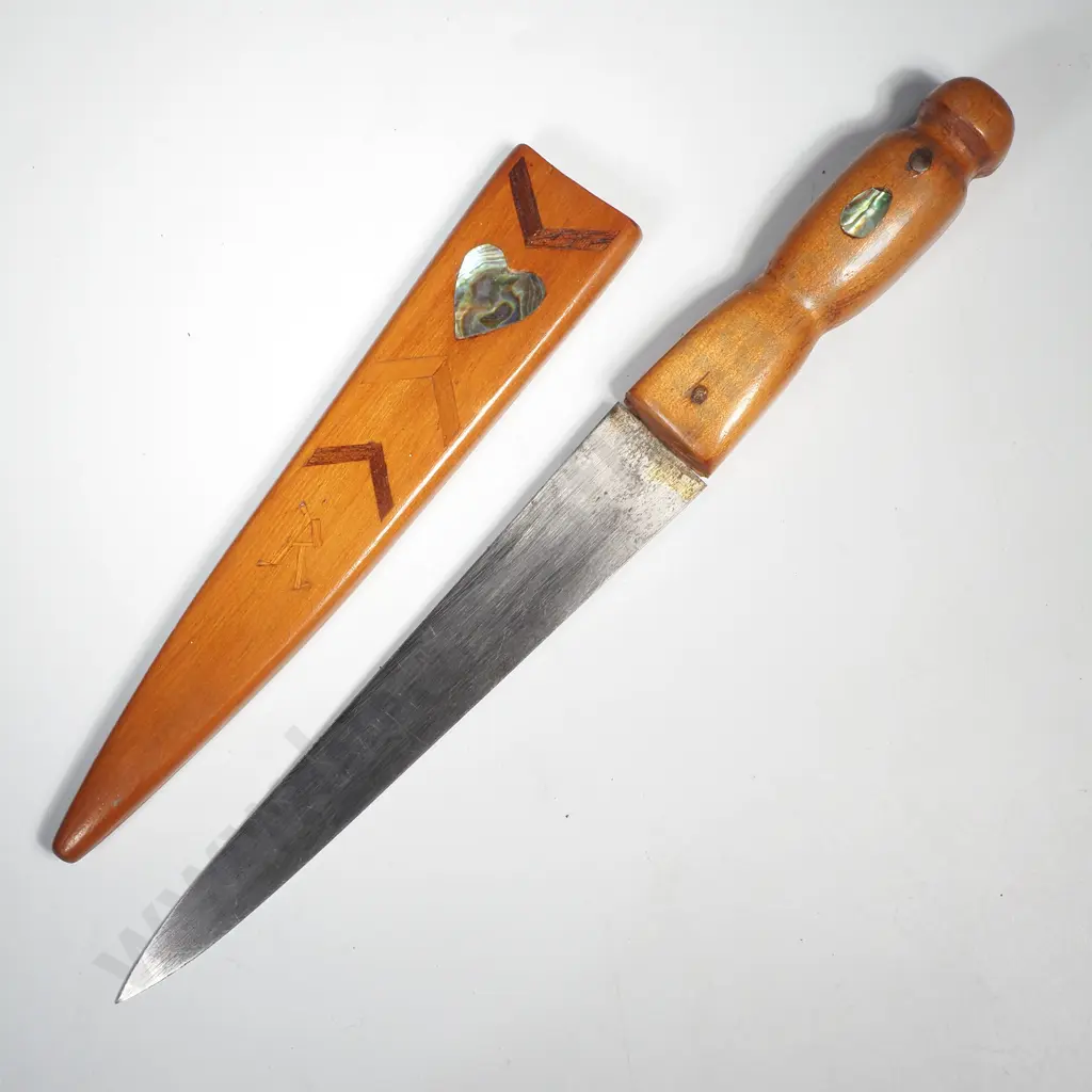 Vintage NZ Folk Art Dagger w Inlaid Paua & Timbers Image 1++
