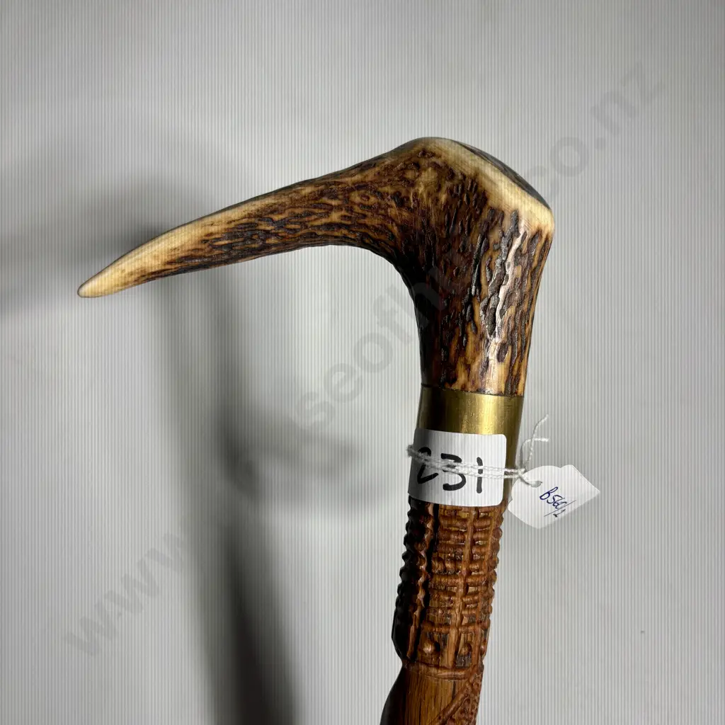 Handcrafted Wooden Walking Cane w A Spiral Shaft & a Antler Handle Set w Paua Shell Image 1++