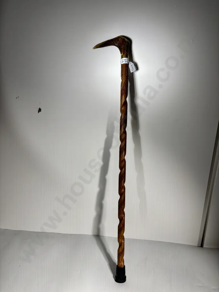 Handcrafted Wooden Walking Cane w A Spiral Shaft & a Antler Handle Set w Paua Shell Image 1++
