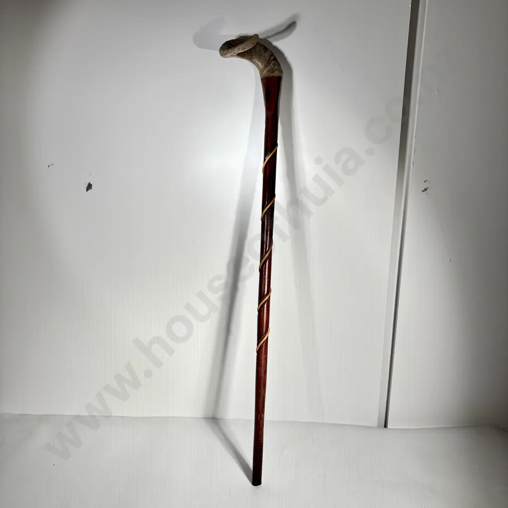 Handcrafted Wooden Walking Cane w A Spiral Shaft & a Antler Handle Set w Paua Shell Image 1++