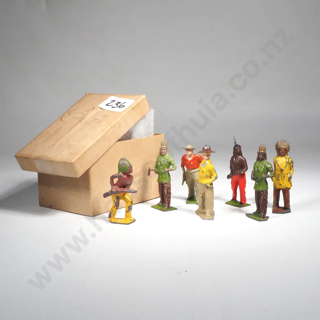 Six 'Britains' Cowboys & Indians Lead Figures In a Cardbox Box w Embossed Dragonfly on Lid Image 1++