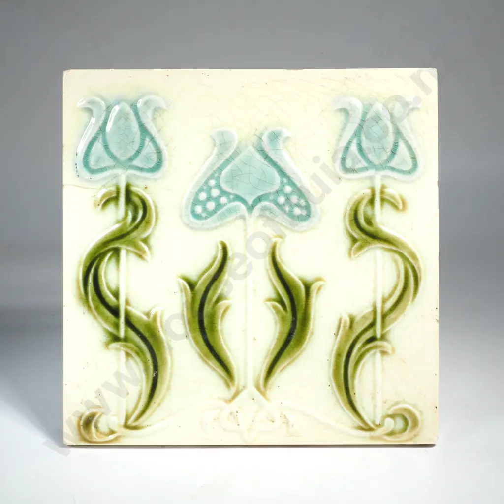 Art Nouveau Square Ceramic Tile w Floral & Scroll Motif Image 1++