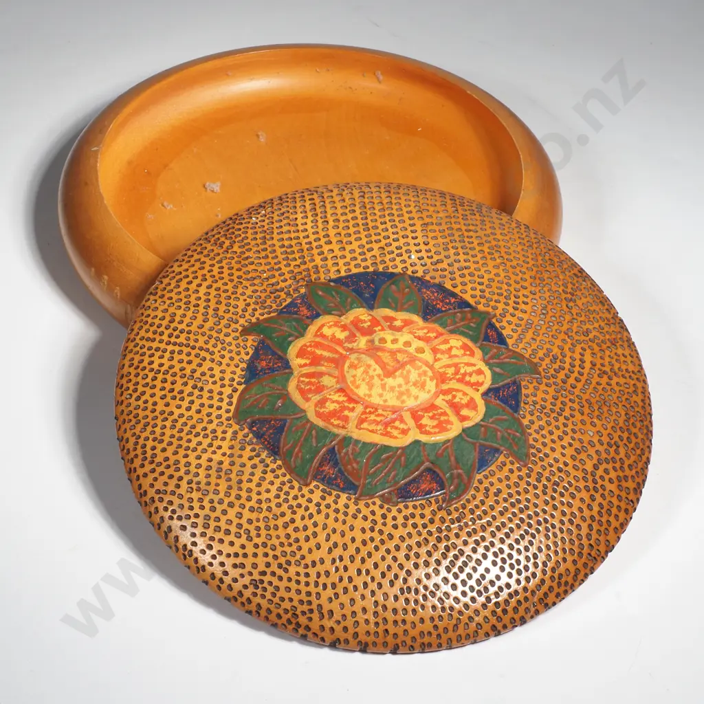 Vintage Circular Poker Work Trinket Bow w Central Floral Motif in Orange, Yellow & Green Image 1++