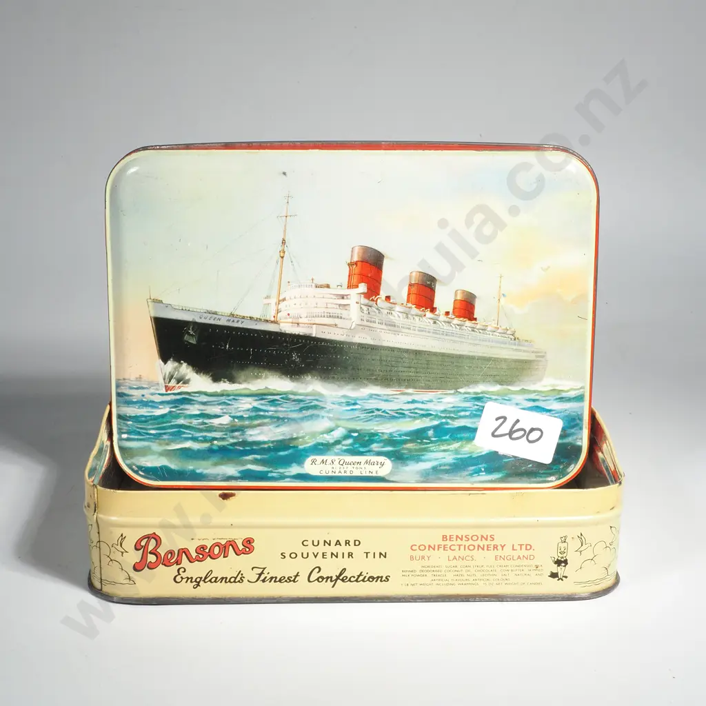 Vintage Benson's Confectionery Cunard Tin R.M.S. "Queen Mary" Image 1++