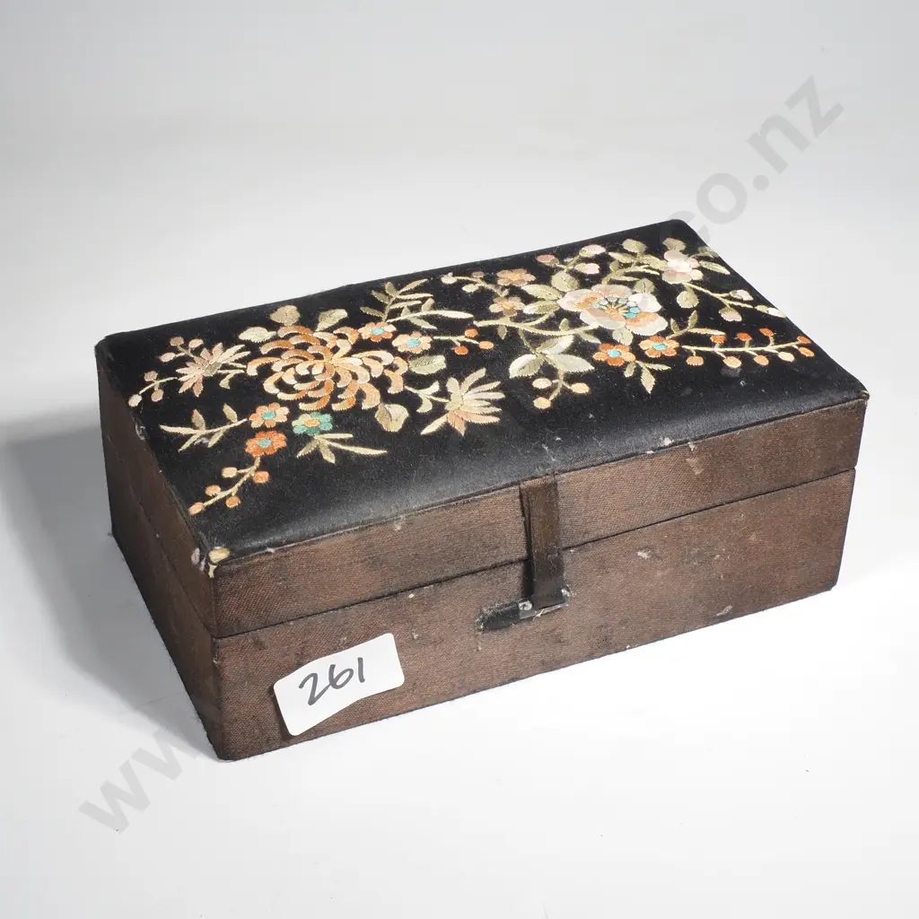 Vintage Black Silk Embroidered Jewellery Box w Fitted Interior Image 1++