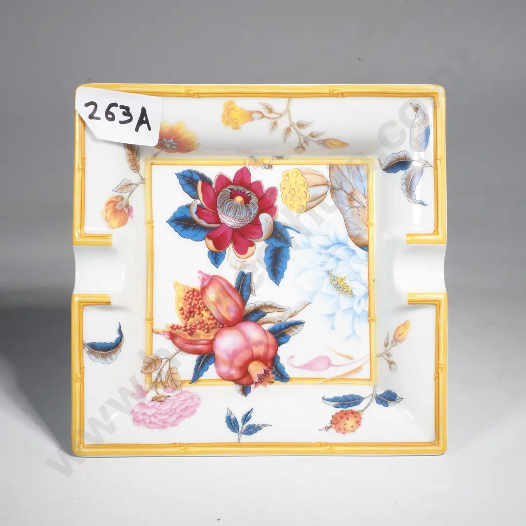 Boxed Porcelain Square Ashtray featuring the 'Aurore Tropicale' Floral & Pomegranate Pattern Image 1++