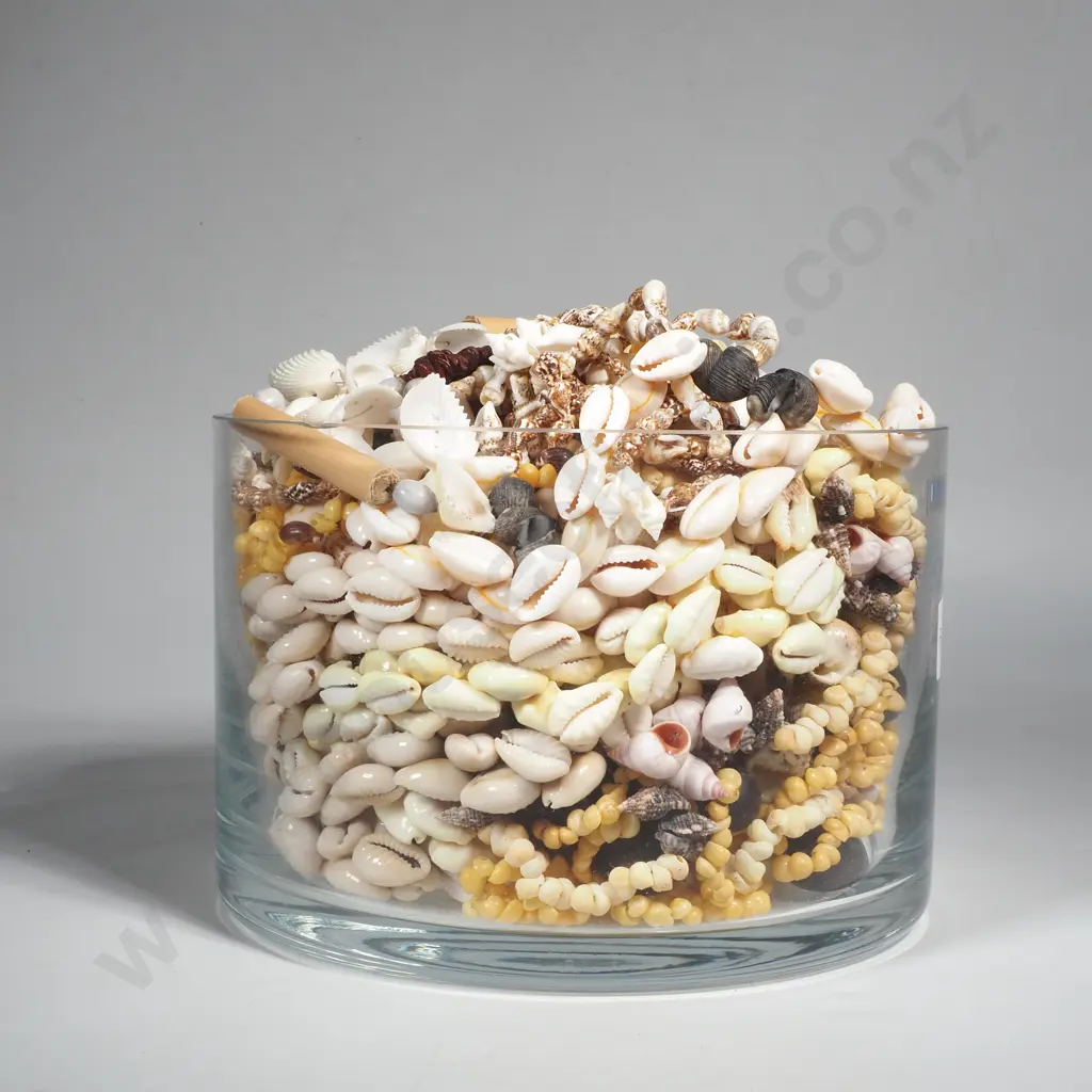 Small Cylindrical Vase filled w Shell Necklaces Image 1++