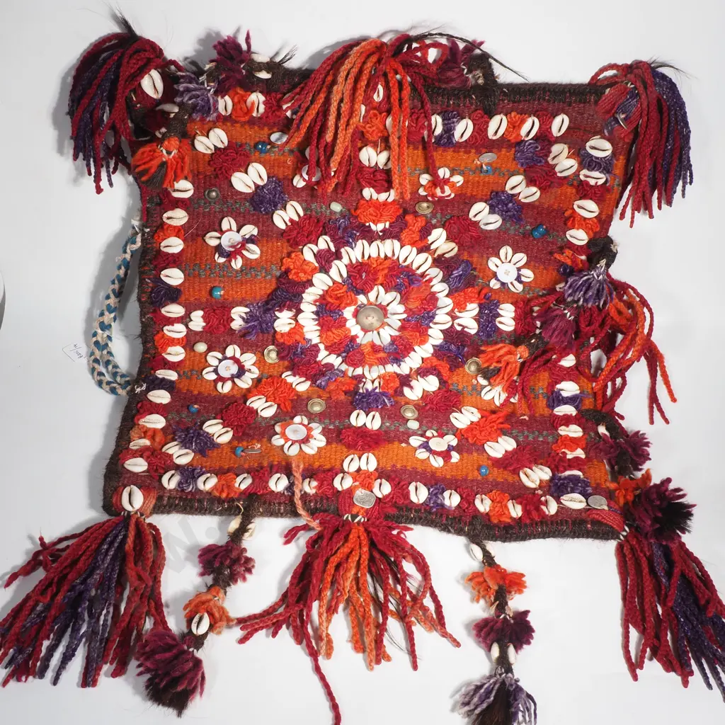 Vintage Banjara Tribal Textile Tapestry Featurig Buttons & Cowrie Shells w Fringe Image 1++