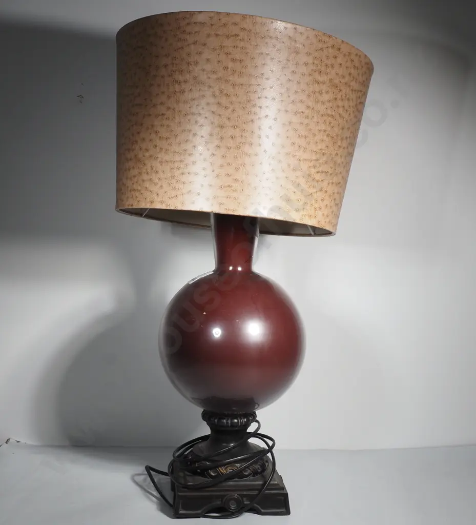 Contemporary Table Lamp w Large Glass Globe Body over a Ox Blood Coloured Ground & an Ornate Dark Base, w Shade Image 1++