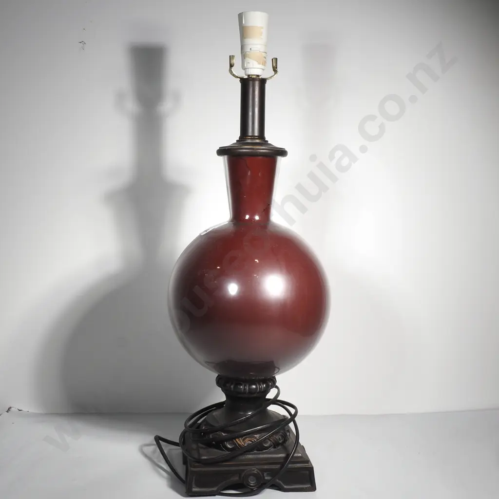 Contemporary Table Lamp w Large Glass Globe Body over a Ox Blood Coloured Ground & an Ornate Dark Base, w Shade Image 1++