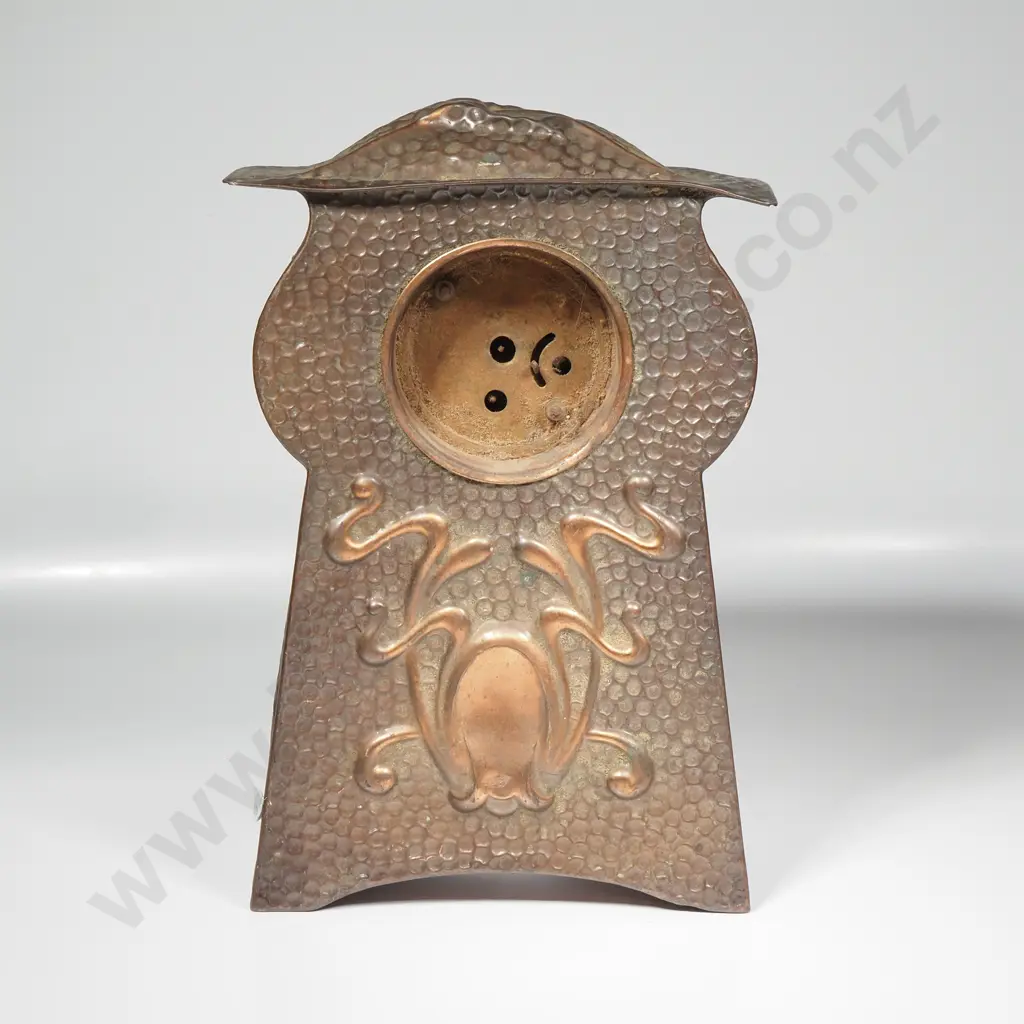 Arts & Crafts Hammered Copper Mantel  Clock Featuring Embossed Art Nouveau Decoration Below a Round Dial Image 1++