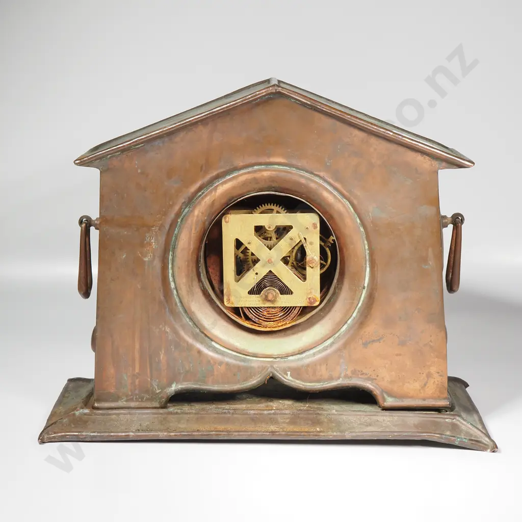 English Copper Aesthetic Movement Art Nouveau Style Mantle Clock w The Word "Tempus" Embossed in Pediment Image 1++