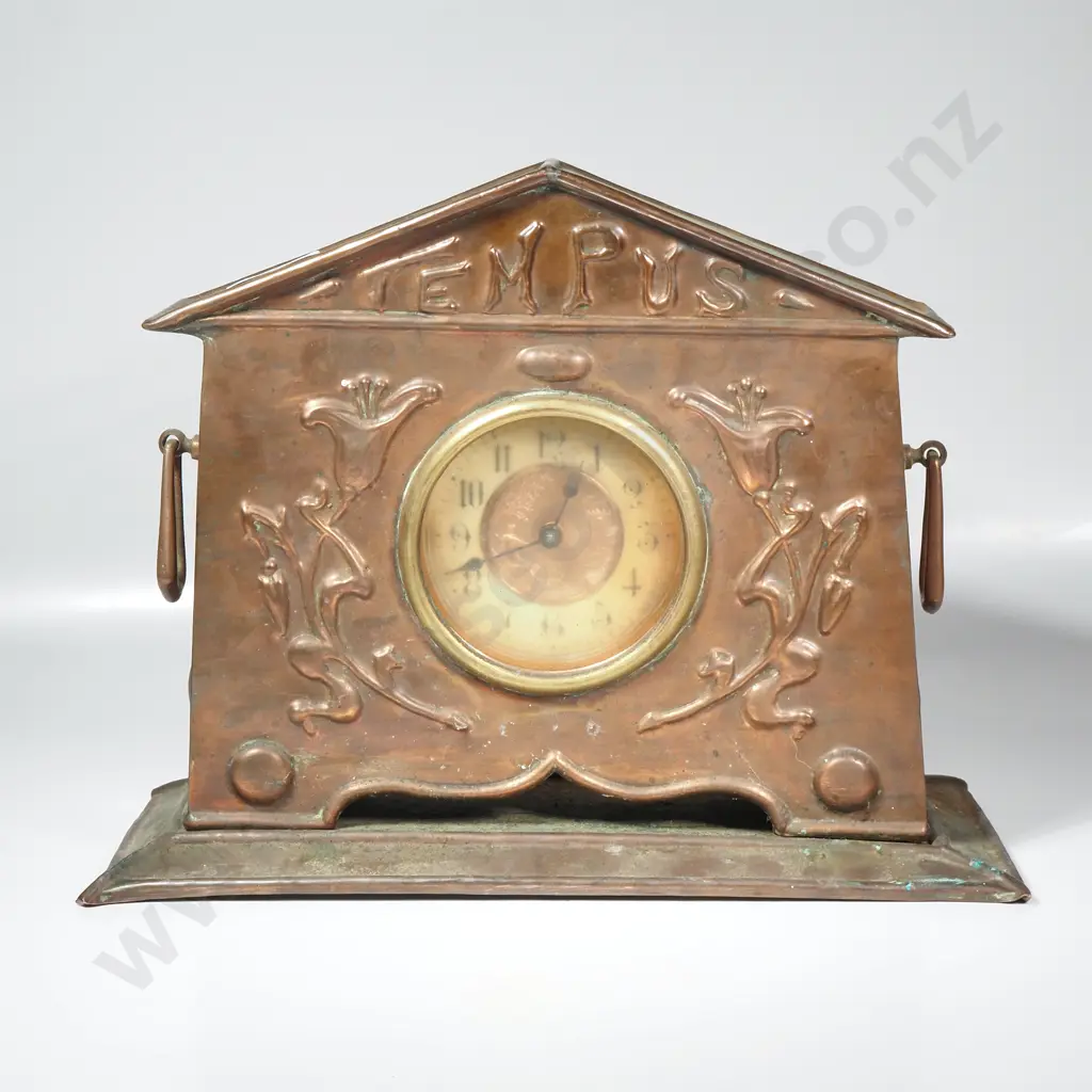 English Copper Aesthetic Movement Art Nouveau Style Mantle Clock w The Word "Tempus" Embossed in Pediment Image 1++