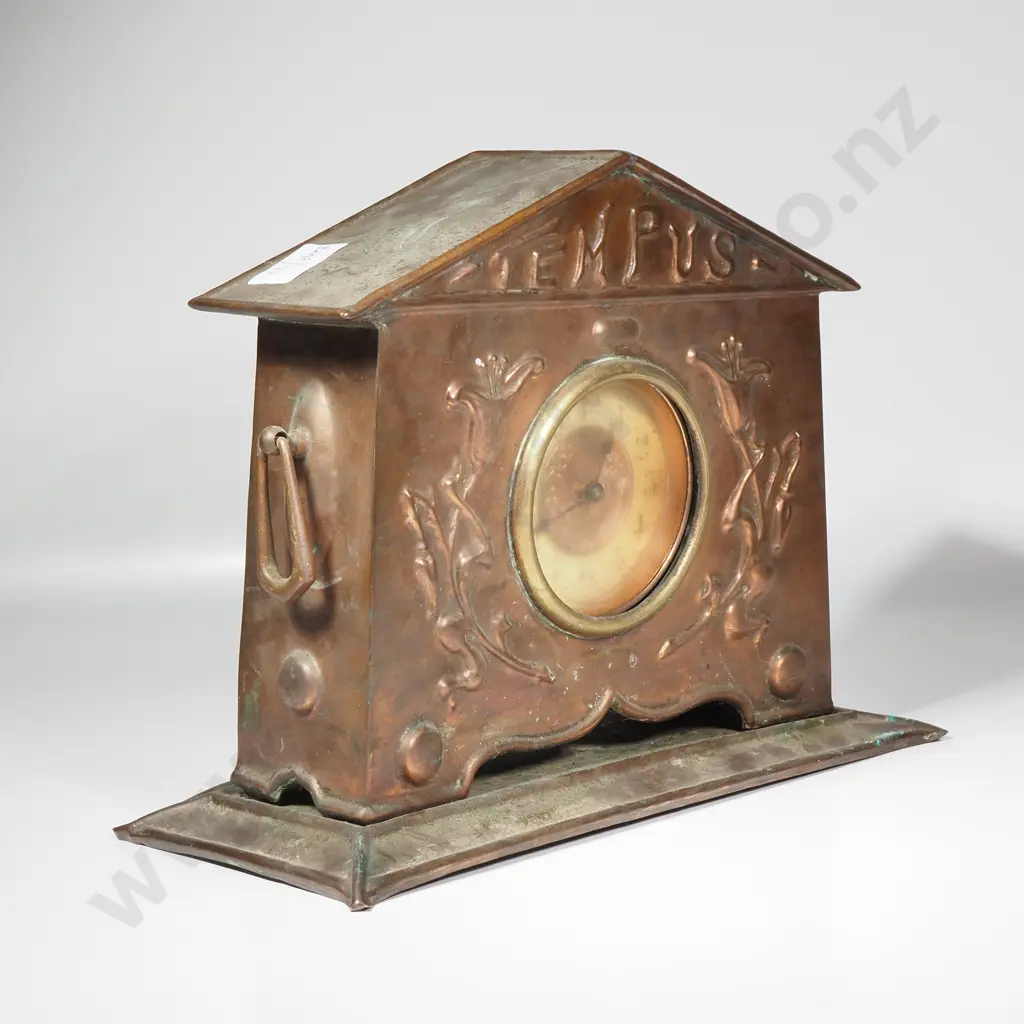 English Copper Aesthetic Movement Art Nouveau Style Mantle Clock w The Word "Tempus" Embossed in Pediment Image 1++