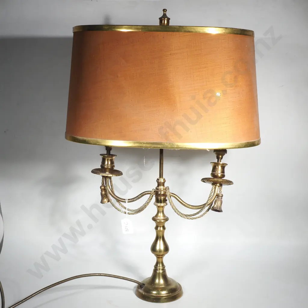 Vintage Brass Bouillette Style Lamp w Two Curved Arms w Tassles & Beige Oval Shade Image 1++