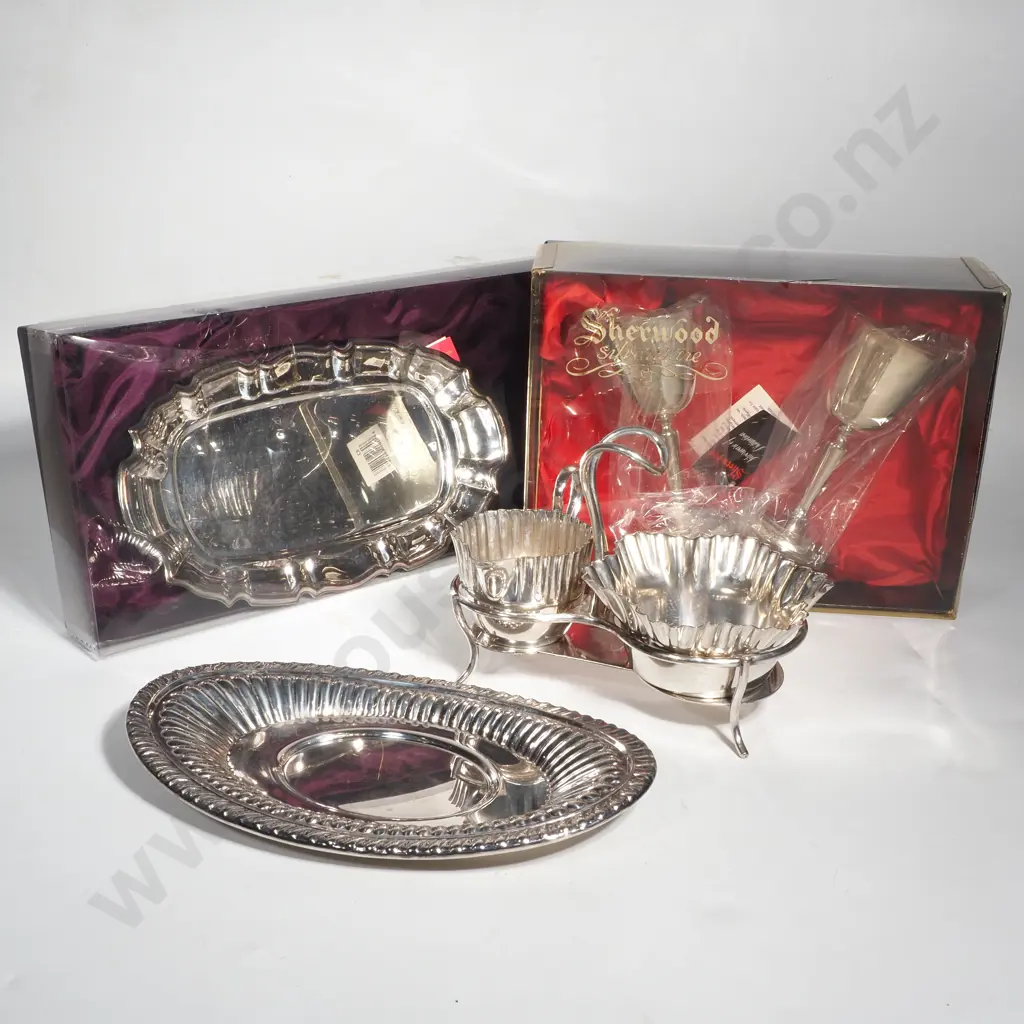 Silver Plated Items - Cream Jug & Sugar Bowl Cruet in Stand, Small Oval Tray, Boxed Sherwood Pair of Goblets &  Tray Image 1++