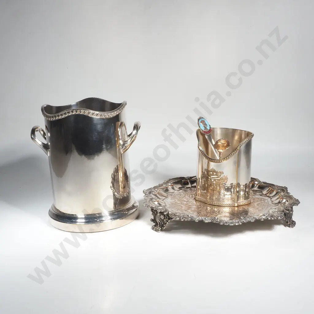 Ornate Silver on Copper Salver w Scroll Rim, Coaster w Coat of Arms & Large Wine Coaster Image 1++