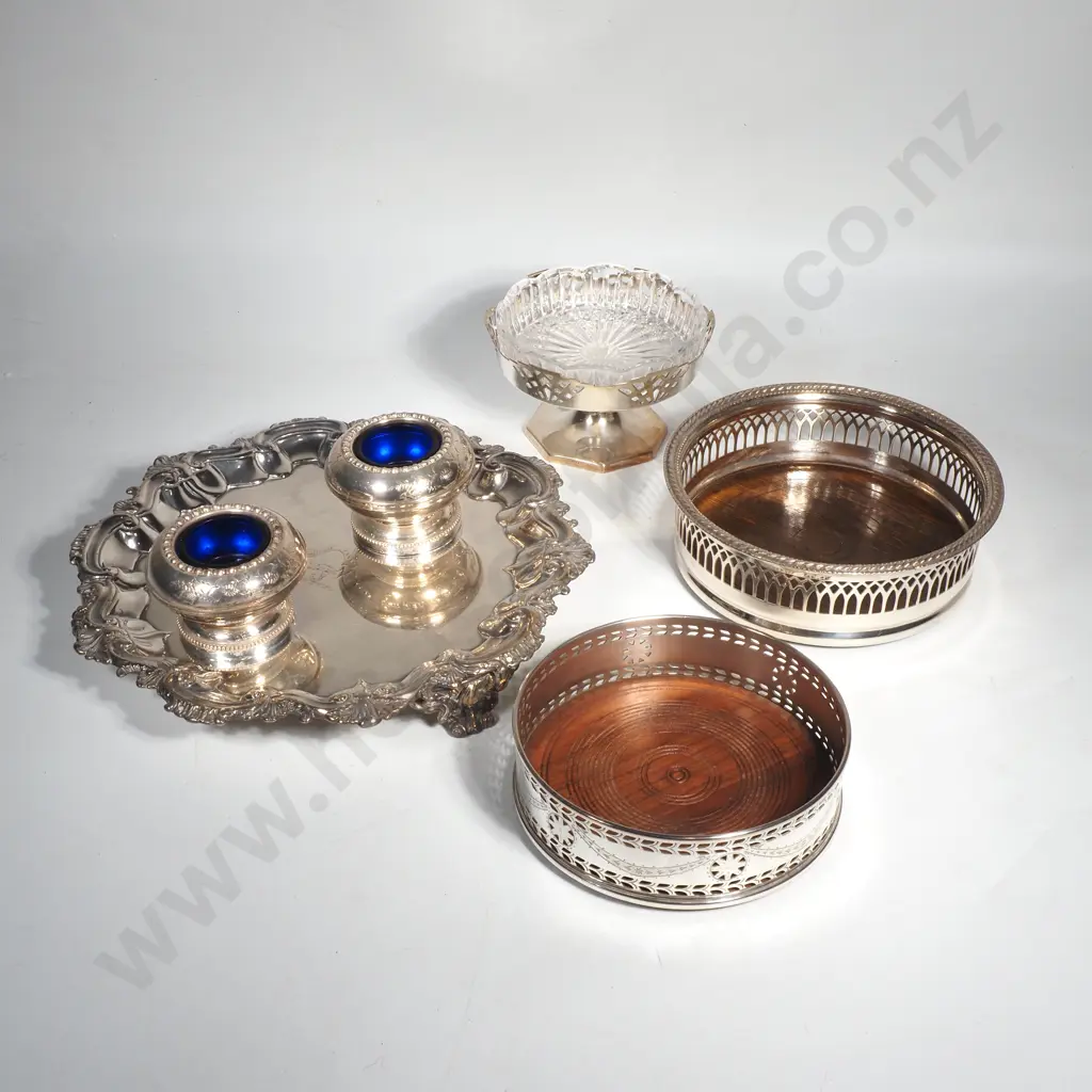 Quantity of Vintage Silver Plate to include Silver Plate Salver, Two Wine Coasters , Jam Dish & Pair of Salts Image 1++