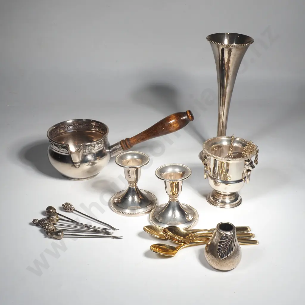Quantity of Silver Plate including Pipkin w Wooden Handle Image 1++