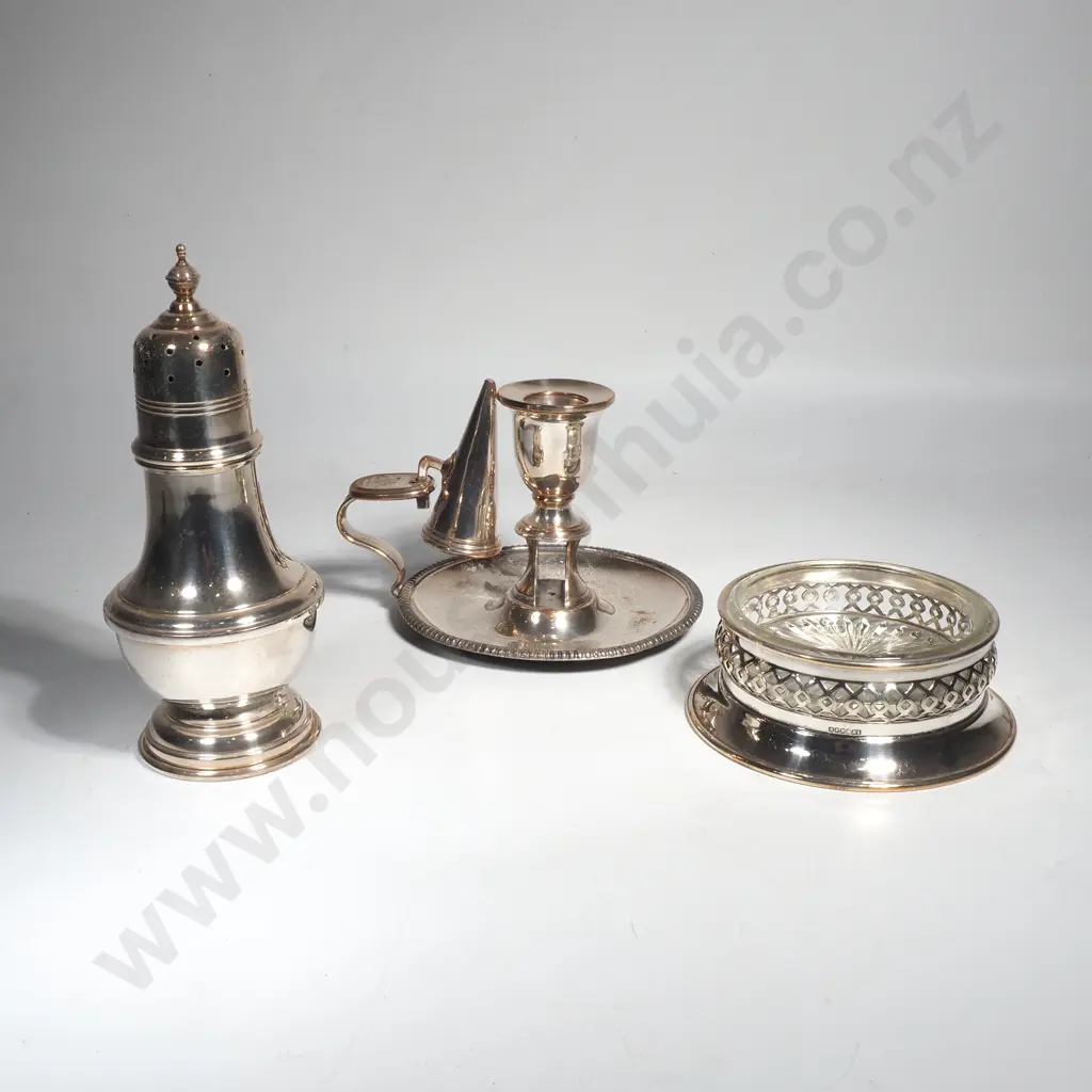 Silver on Copper Wee Willie Winkie Candlestick & Snuffer, Muffineer & Coaster w Glass Liner Image 1++