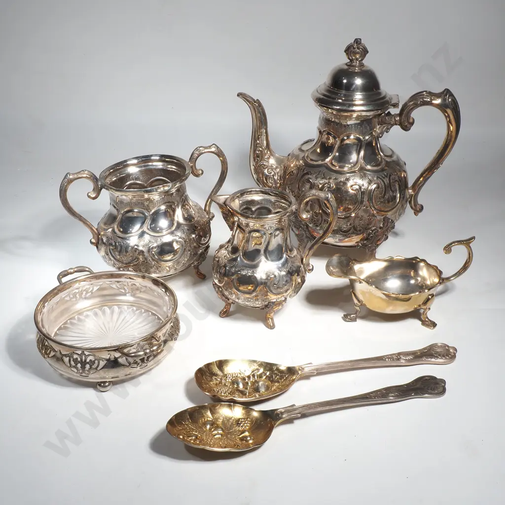 Three Piece Silver Plate Tea Set, Small Gravy Boat, Coaster w Glass Liner & Pair of Berry Spoons Image 1++