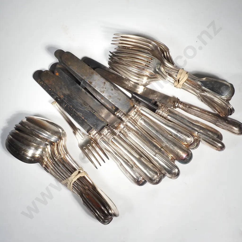 French Silver Plate  Flatware  in the Fiddle & Thread Pattern Comprising Twelve Large Spoons, Eleven Knives & Forks Image 1++