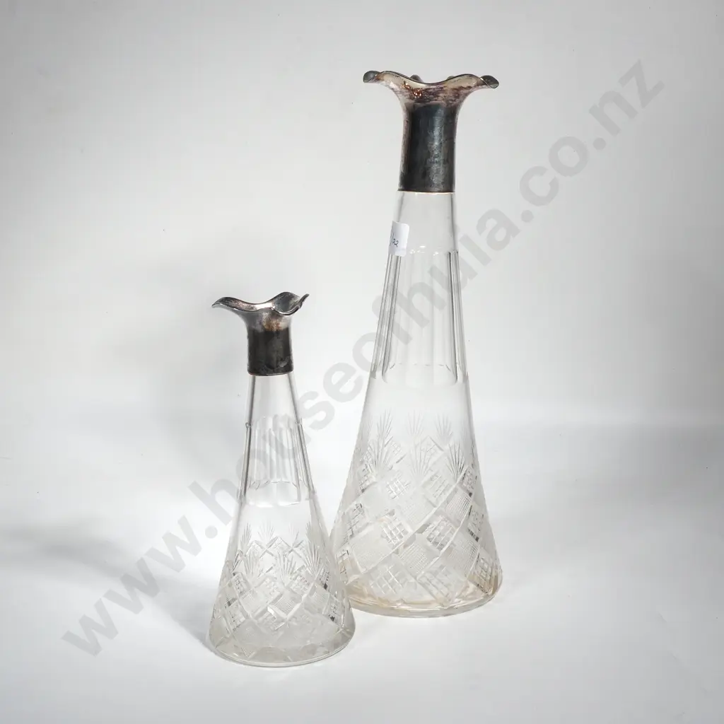 Two Graduated Cut Glass Decanters w EP Rims (Stoppers Missing) Image 1++