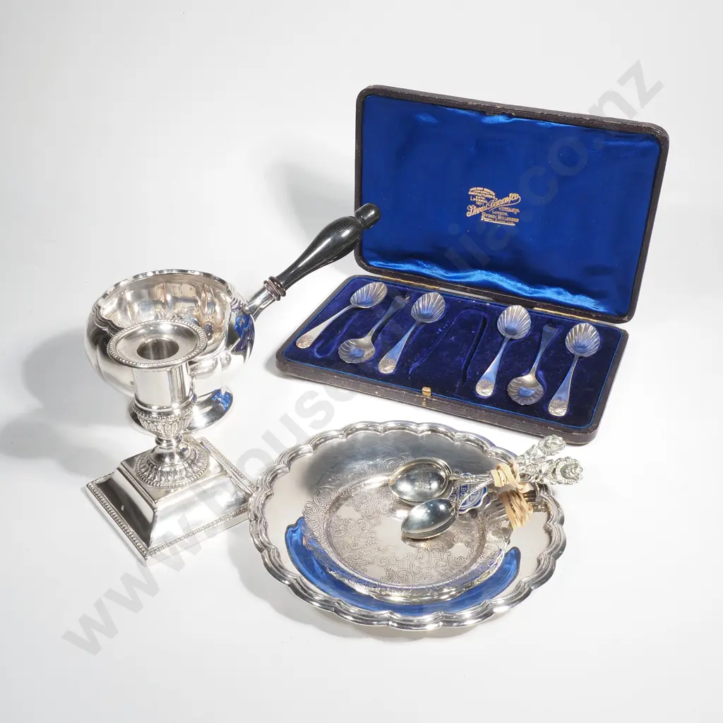 Boxed Set of Vintage EP Spoons w Shell Bowls (Missing Tongs),  an EP Small Candlestick & Six  EP  Albosil Silver Spoons Image 1++