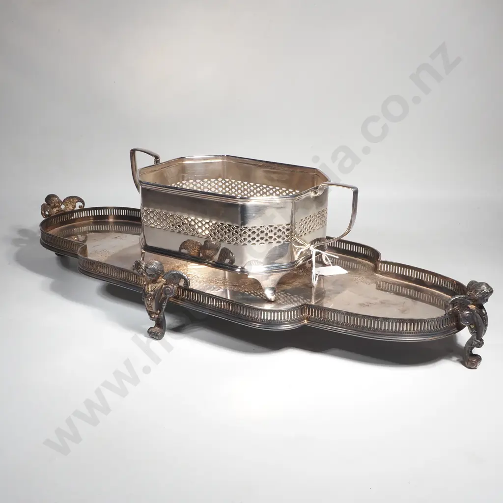 Silver Plate Gallery Tray w Applied Cupid Decoration  & EP Pyrex Dish Holder Image 1++
