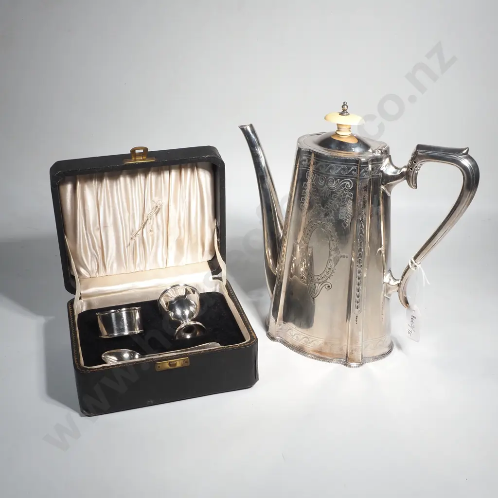 Silver Plated Coffee Jug & w Engraved Front Panel & Ivory Finial & an EP Boxed Silver Plated Christening Set Image 1++