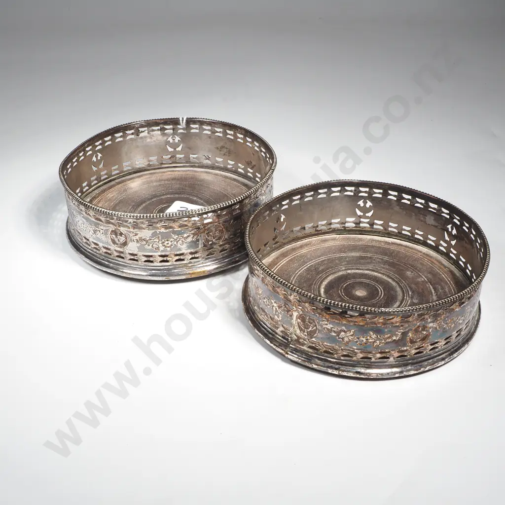 Pair of Sheffield Plate Wine Coasters w Pierced Sides & Turned Wood Bases Image 1++
