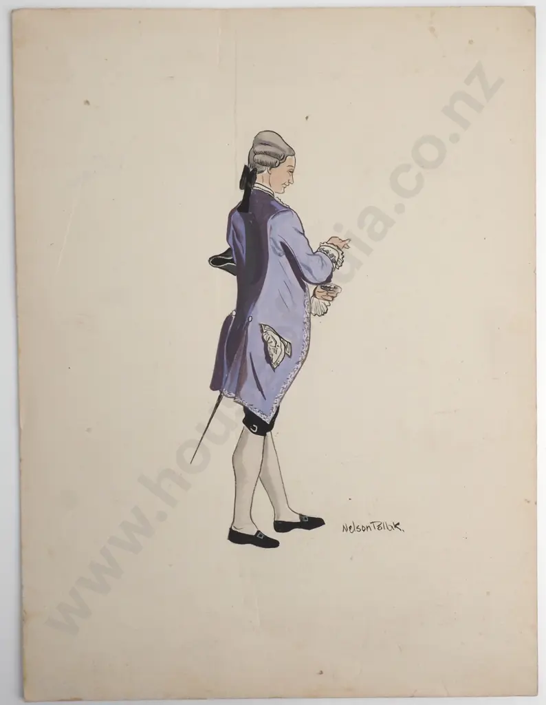 Gouache Drawing Featuring A Man In 18th Century Style Costume Signed Nelson Tallak Image 1++