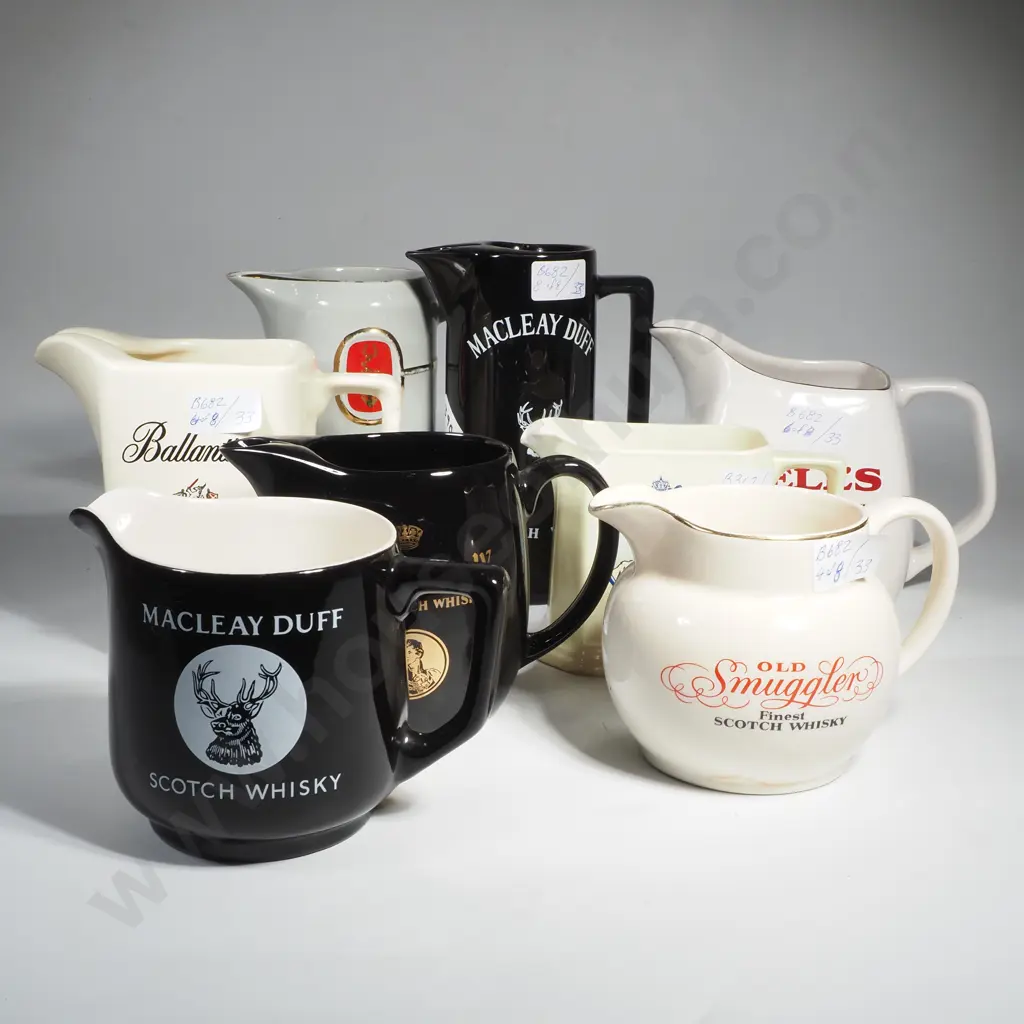 8 x Vintage Pottery Branded Whisky Jugs - Wade,England Image 1++