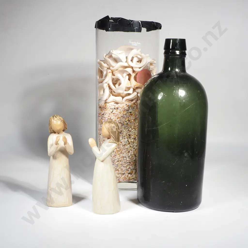 Glass Jar of Sea Shell Fragments, Antique Green Bottle w 2 x Willow Tree Figures Image 1++