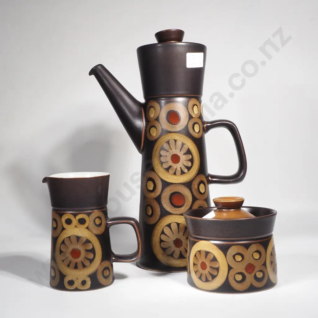 Mid Century English  Denby Coffee Pot, Creamer & Sugar Bowl - Arabesque Pattern Image 1++