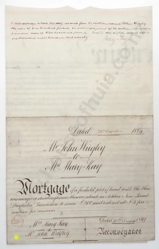 Mortgage - County of Lancaster -  1885 - Indenture 1891 - Vellum Image 1++