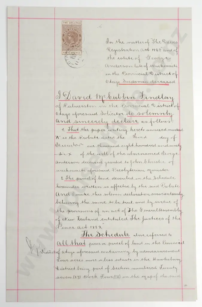 Declaration - Waikouaiti New Zealand - 1896 Image 1++
