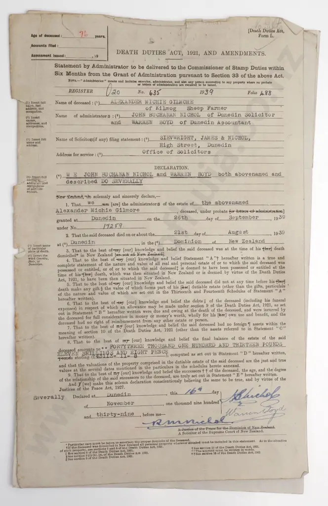 Death Duties - Kilmog New Zealand - 1939 Image 1++