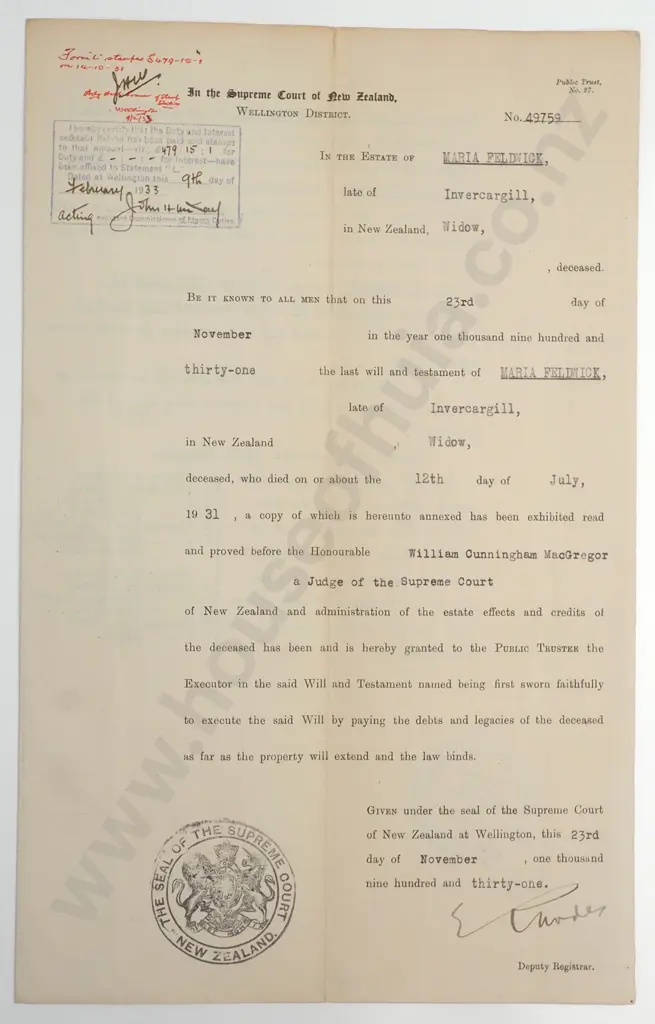 Probate - Invercargill New Zealand - 1931 Image 1++
