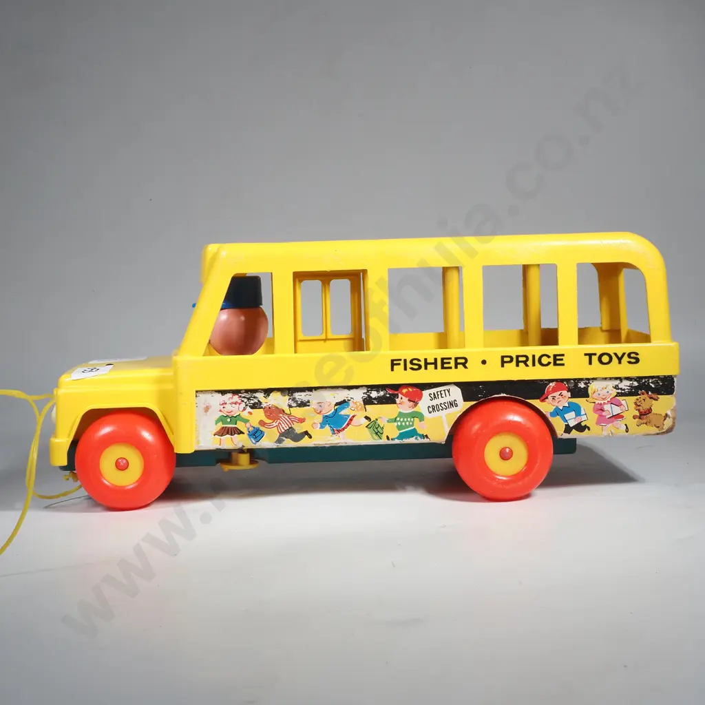 Vintage Yellow Fisher-Price School Bus w Red Wheels & Lithographed Side Graphics Image 1++
