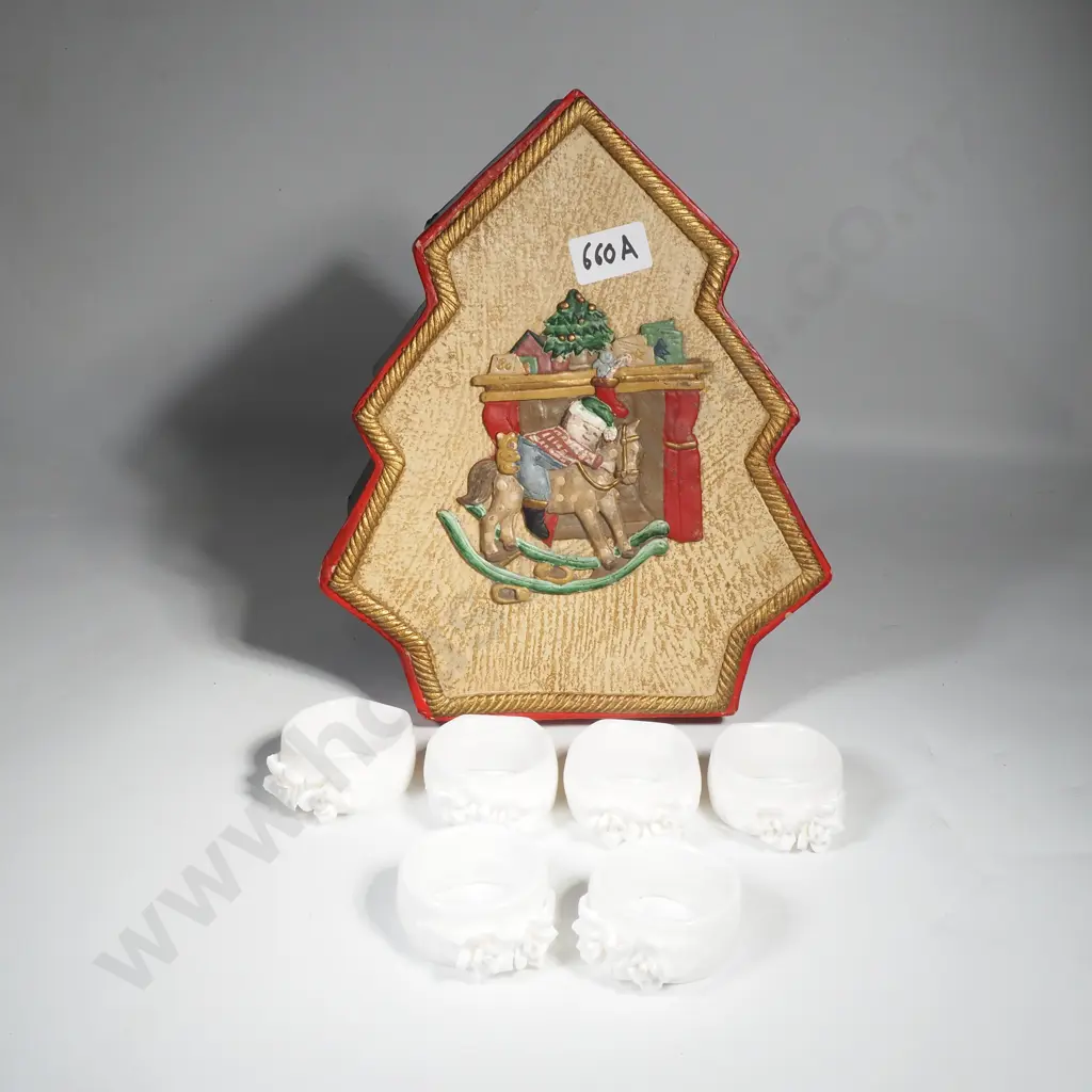Six Porcelain Napkin Rings with Floral Detailing enclosed in a Christmas Tree Shaped Box Image 1++